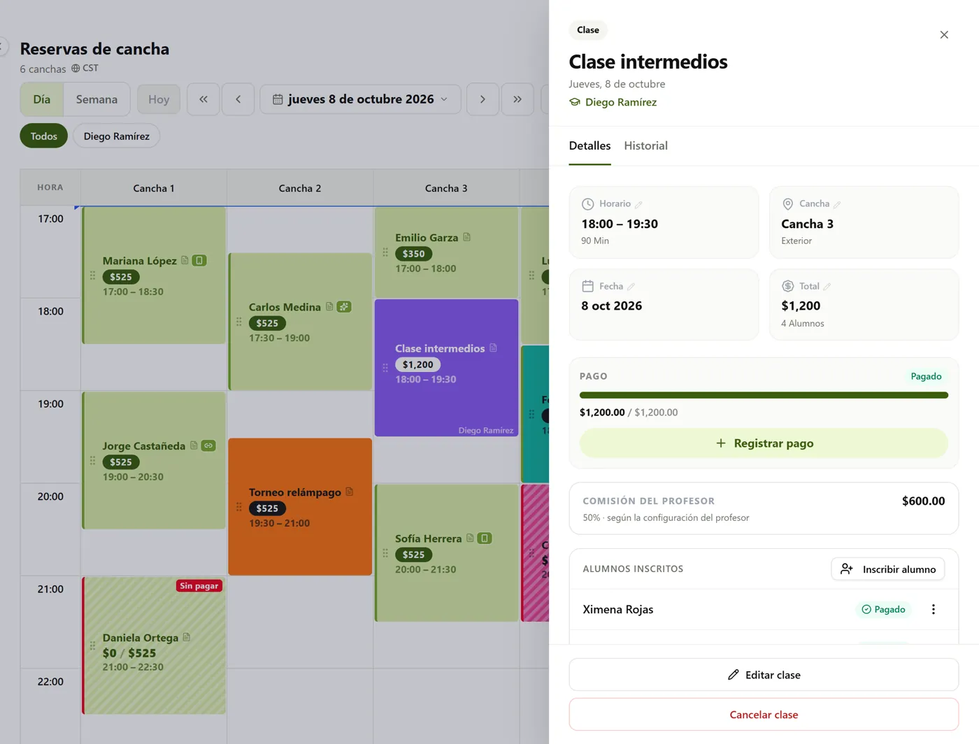 A class on the club calendar with its coach, students, payment and commission