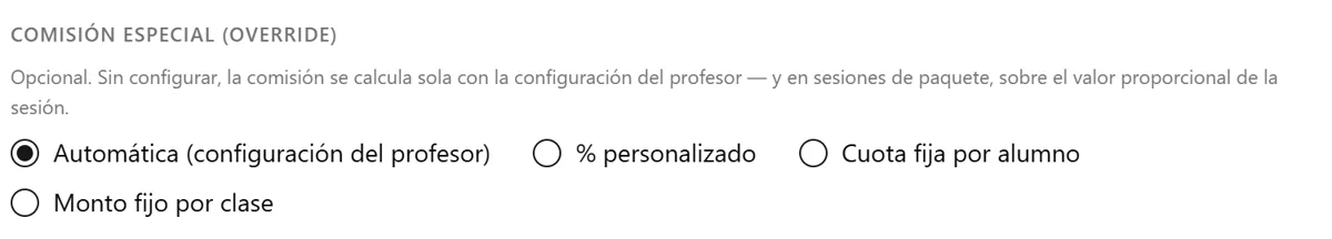 A class's special commission: automatic, custom percentage, flat fee per student or flat amount per class