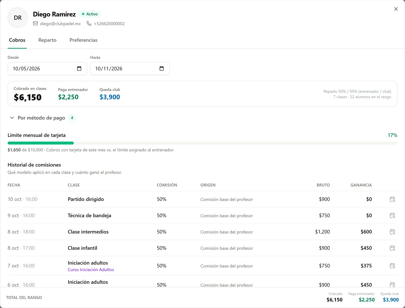 Coach commission history: classes that haven't happened yet show $0 earned