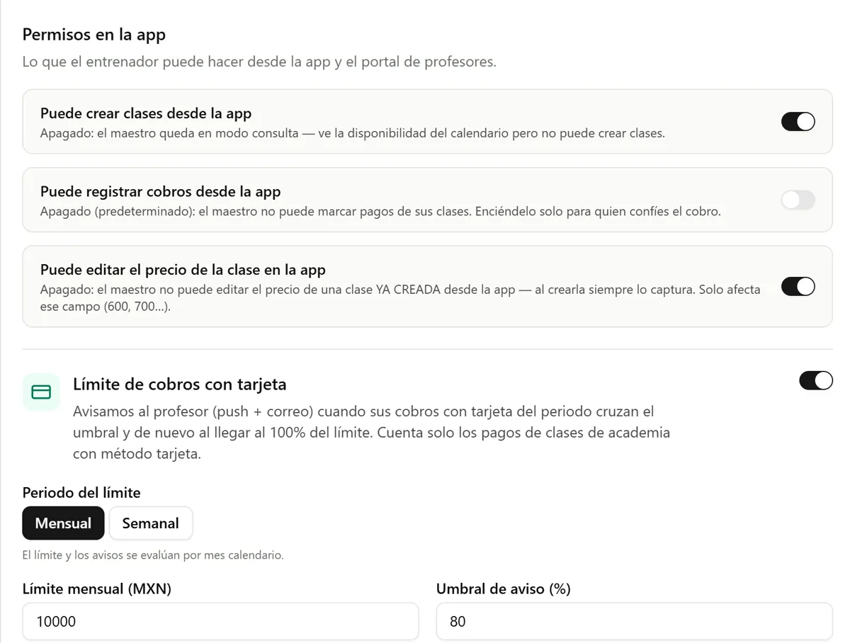 Coach permissions in the app and card payment limit