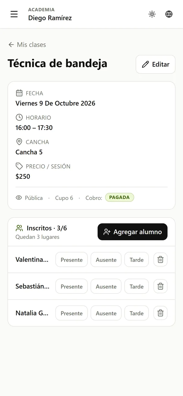 Class detail: enrolled students, attendance and add a student