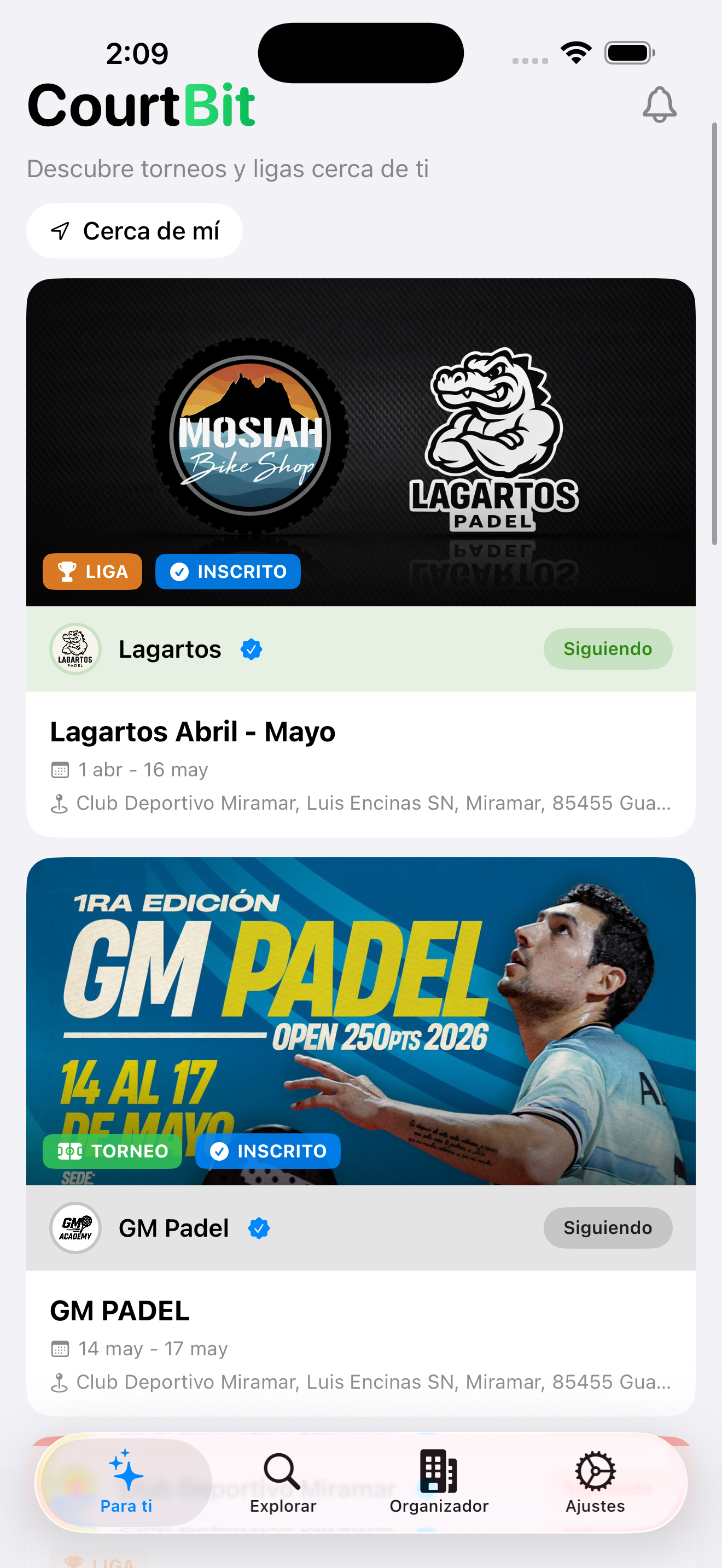 CourtBit App - Feed de torneos y ligas