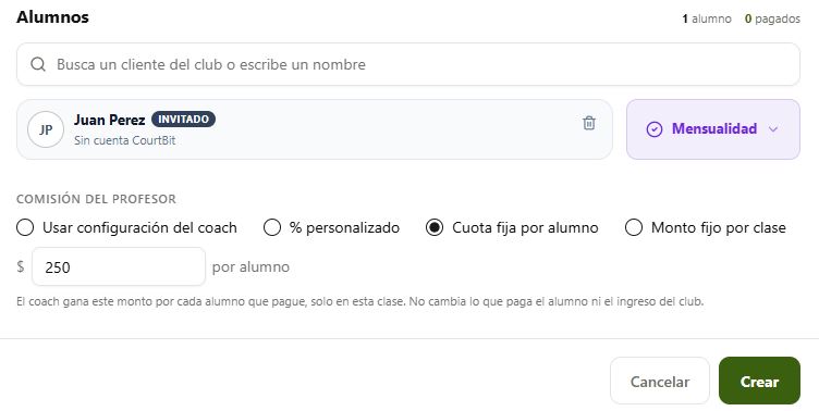 Alumno agregado con su mensualidad seleccionada y cuota fija por alumno