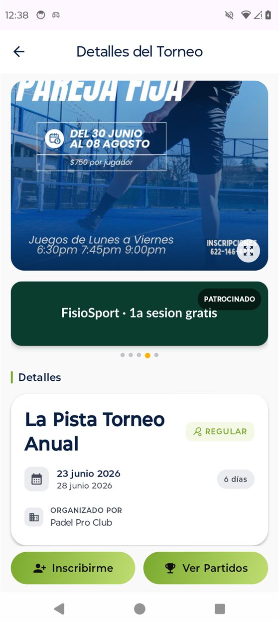 Patrocinador dentro del detalle de torneo en CourtBit