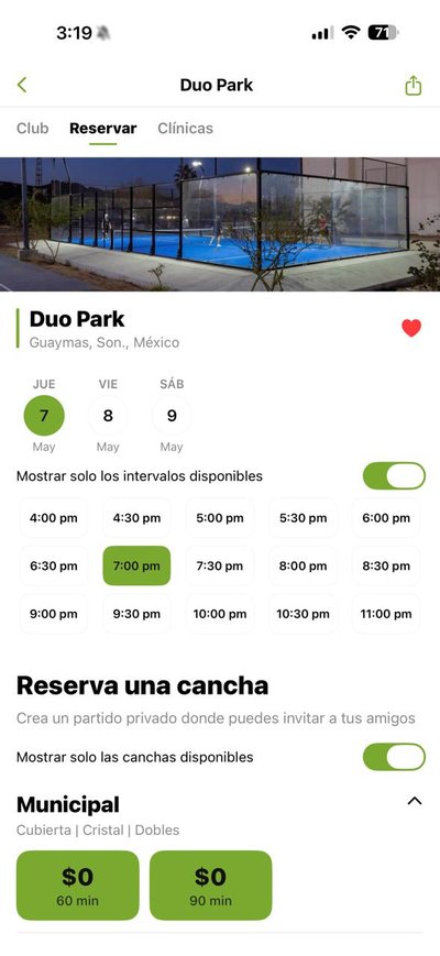 App de CourtBit · pantalla de reserva del jugador