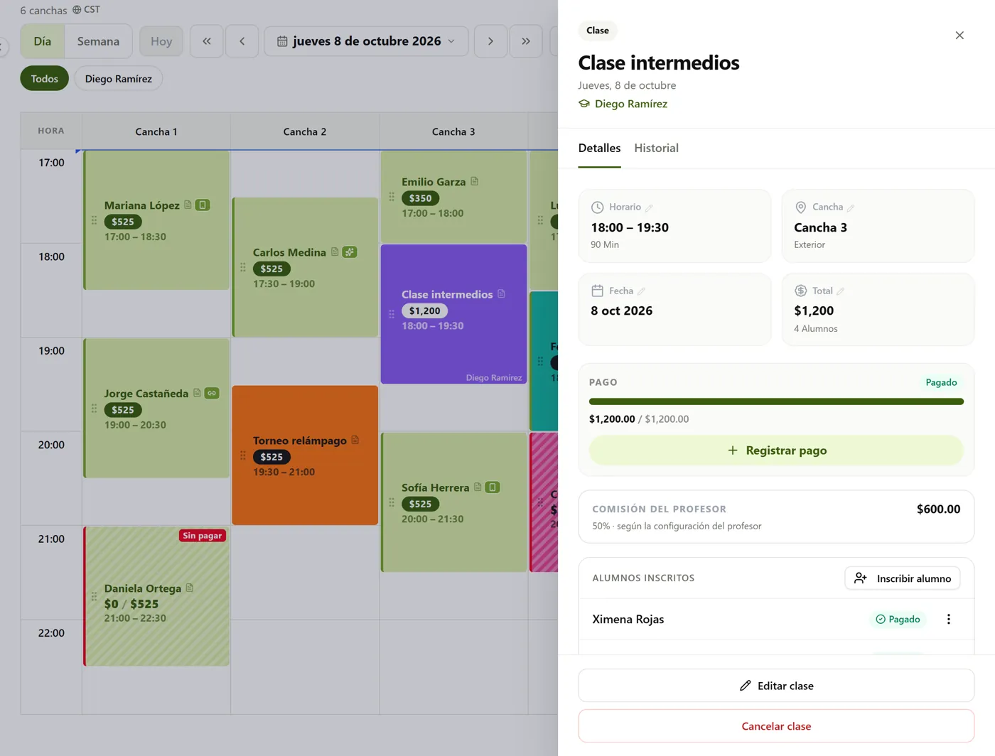 Class detail with the coach, the students and the payment