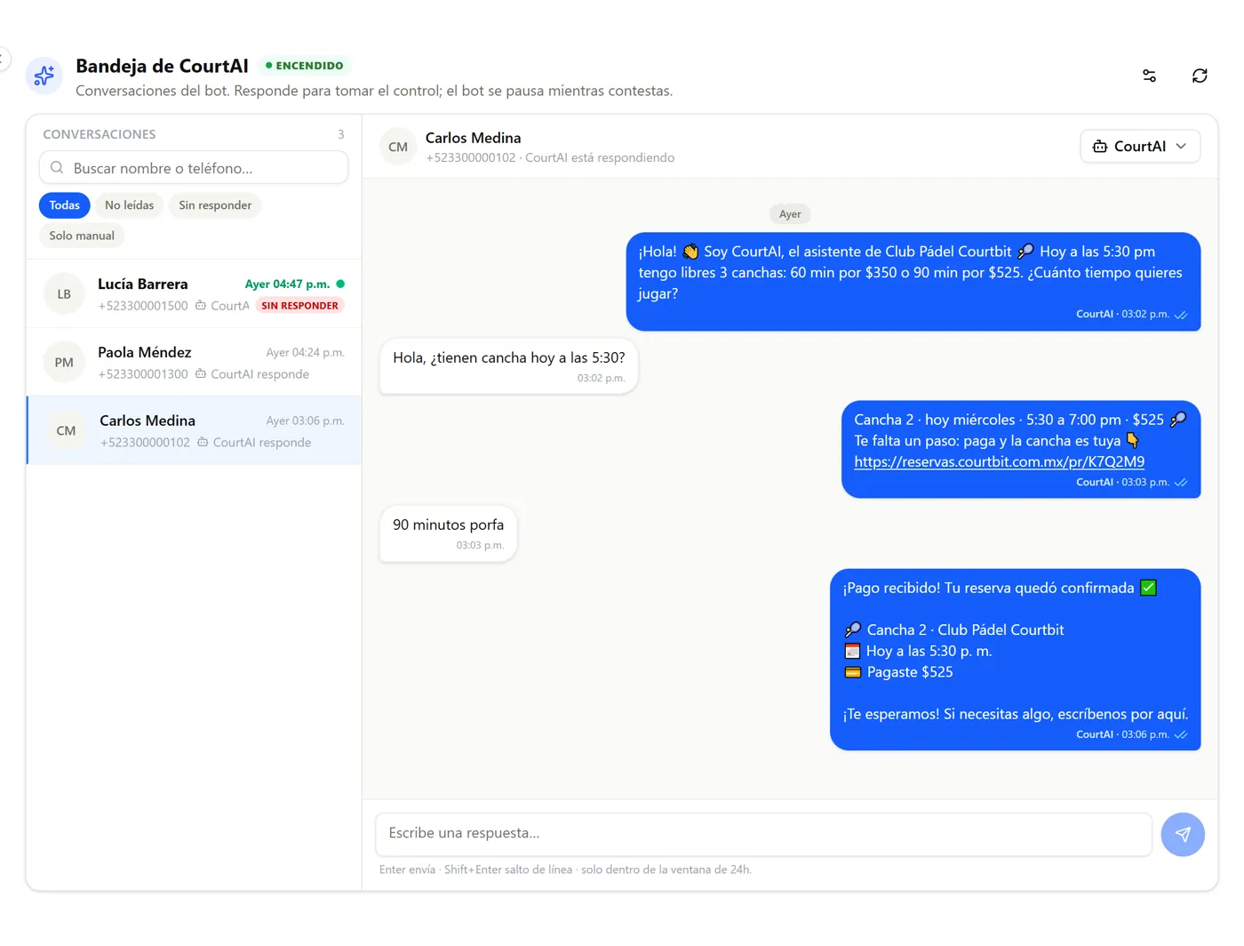 CourtAI inbox with a booking closed over WhatsApp