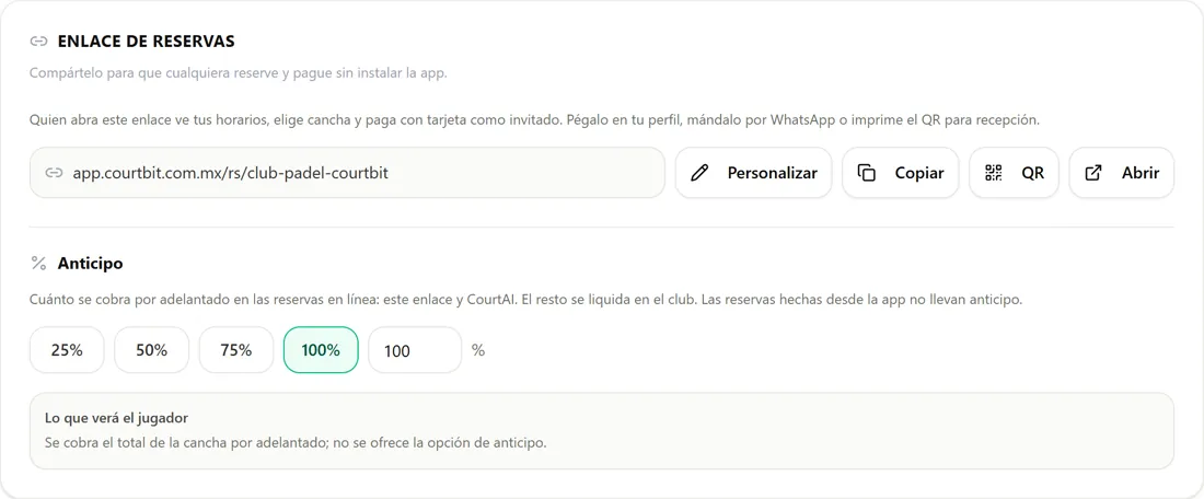 The club's booking link with copy, QR and deposit options