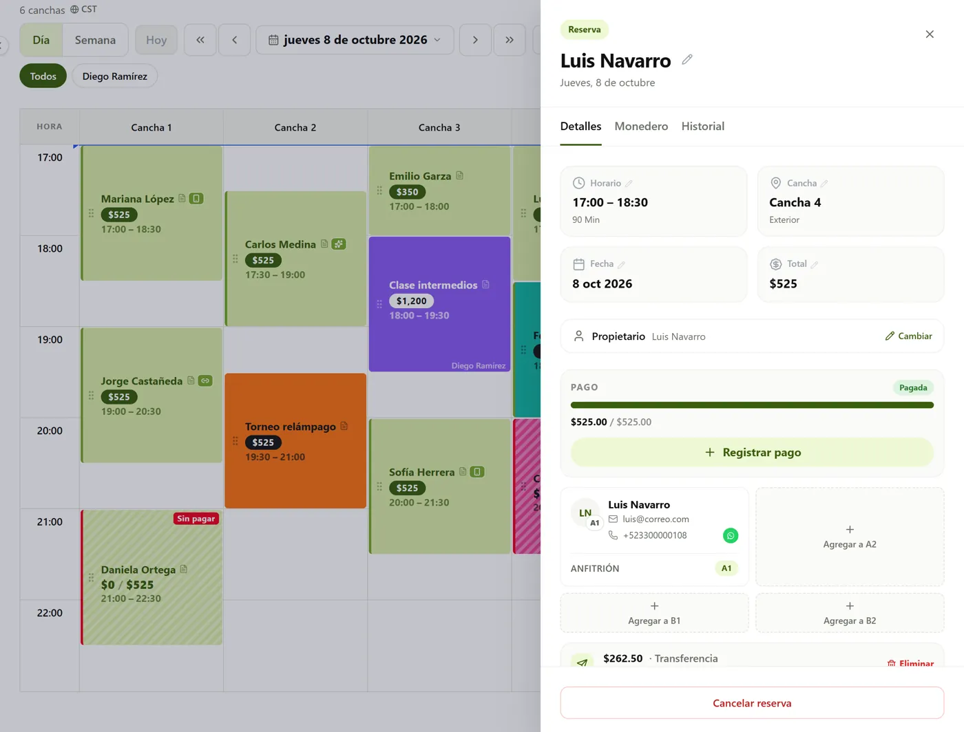 Booking detail with the full payment and the players