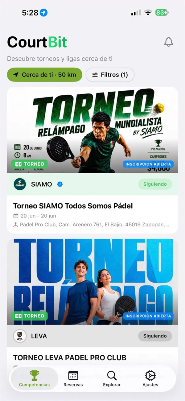 Descubre torneos cerca de ti