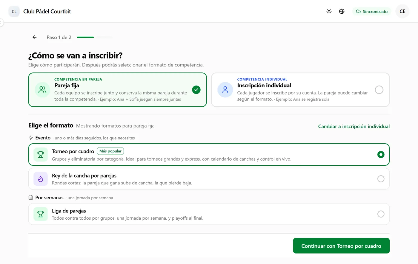 Asistente para crear una competencia: pareja fija o inscripción individual y el formato