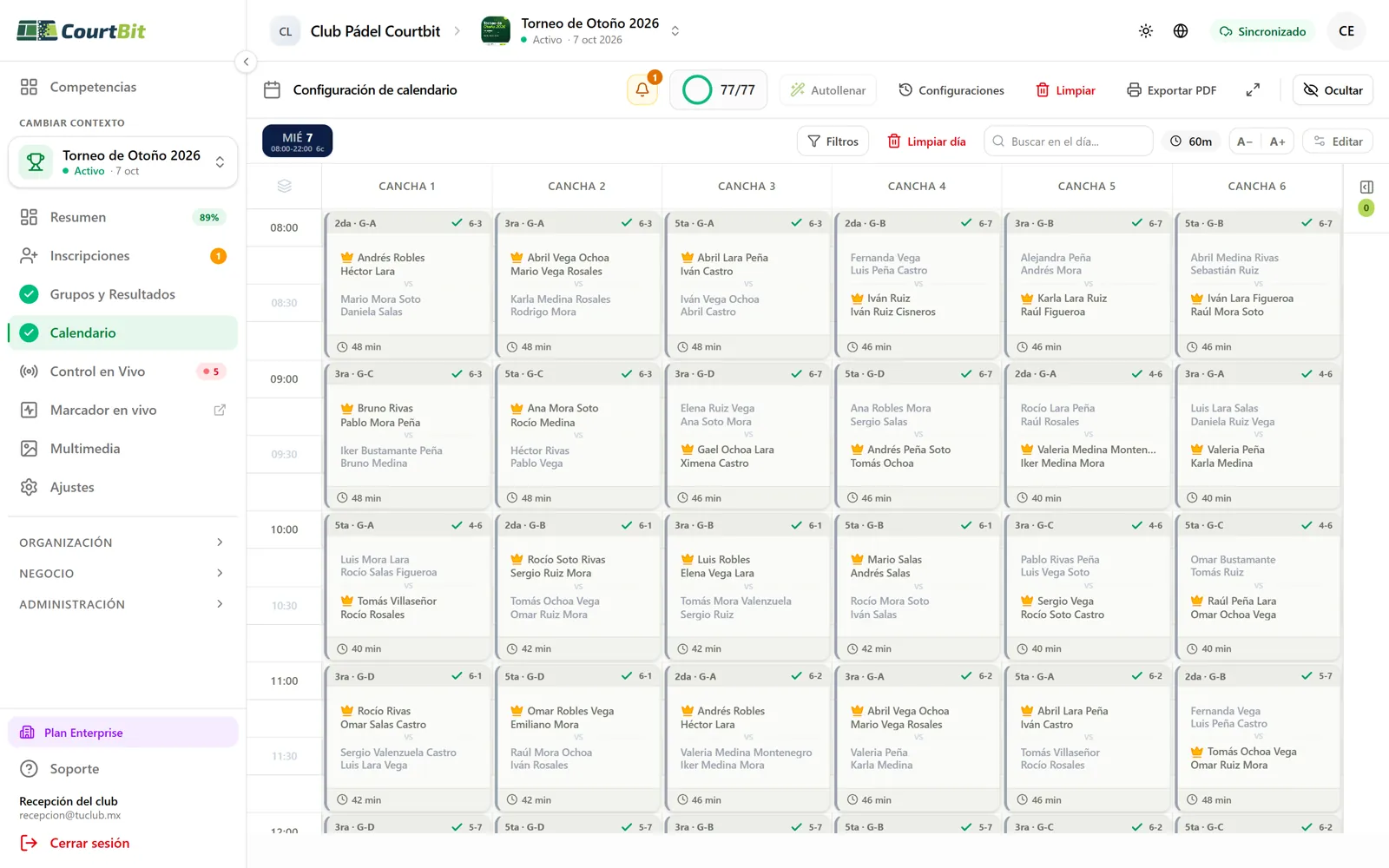 Calendario del torneo por cancha y horario en el dashboard de Courtbit
