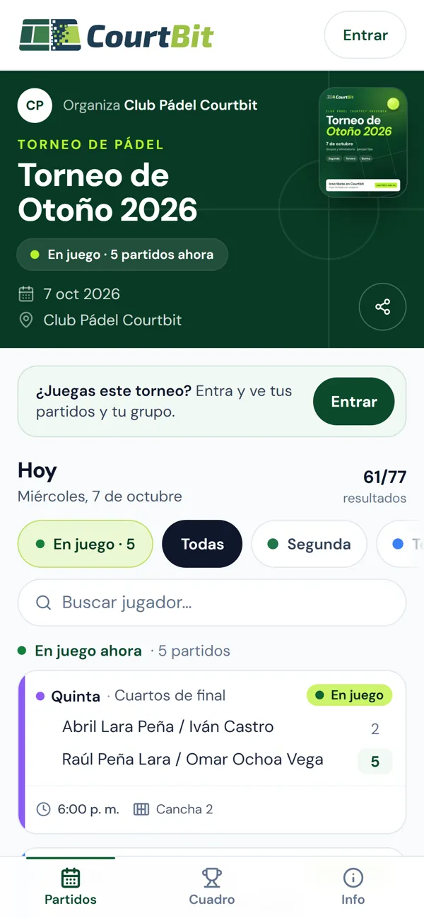 Página pública del torneo con los partidos en juego