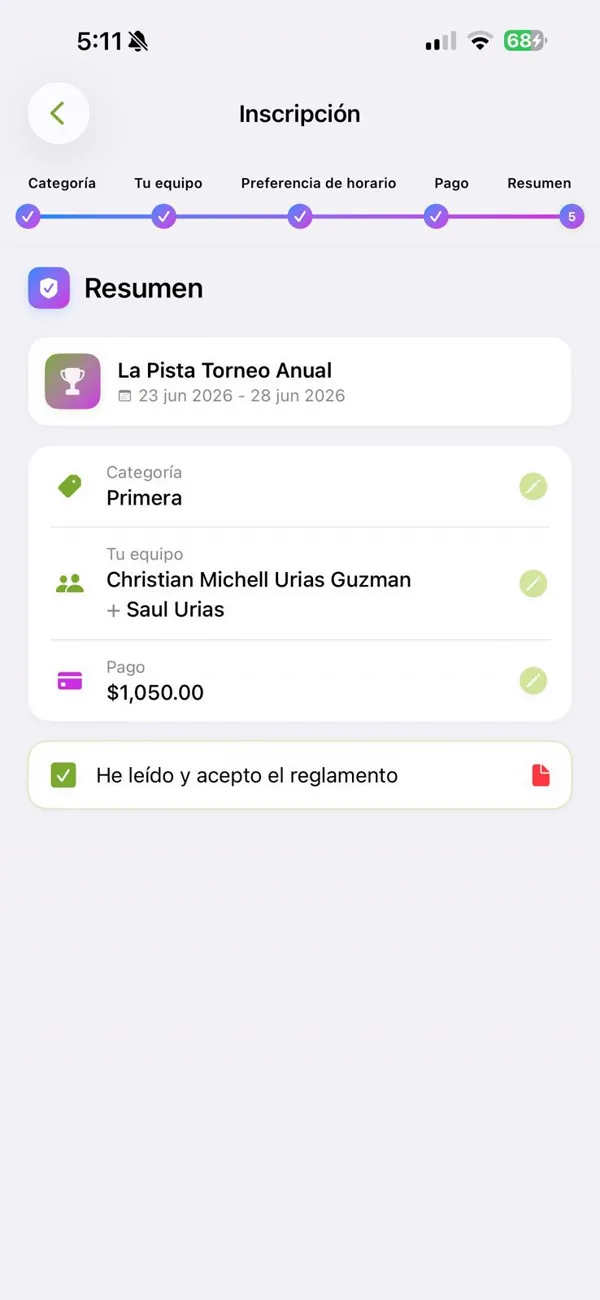 El jugador revisa su inscripción y paga desde la app