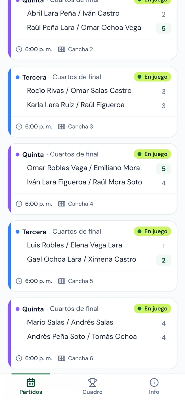Partidos en juego en la página pública del torneo