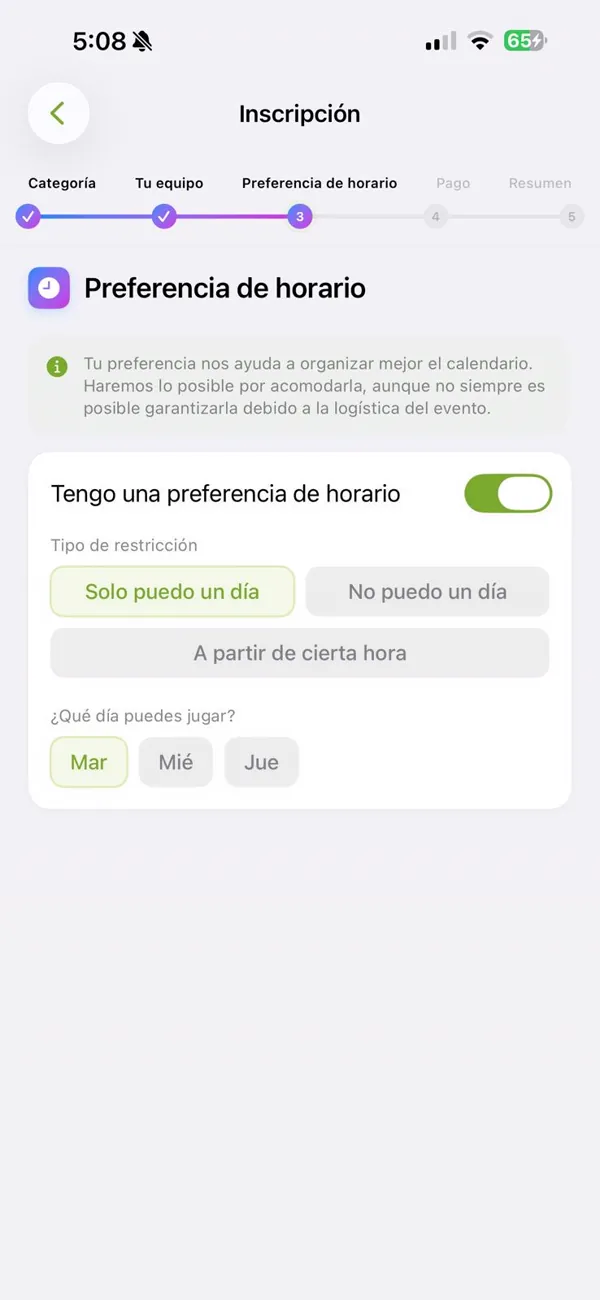 El jugador indica su preferencia de horario al inscribirse