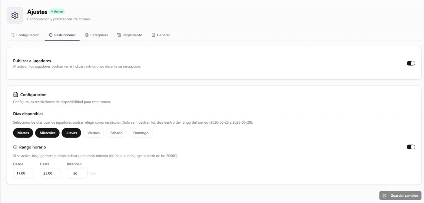El organizador define días disponibles y el rango horario permitido